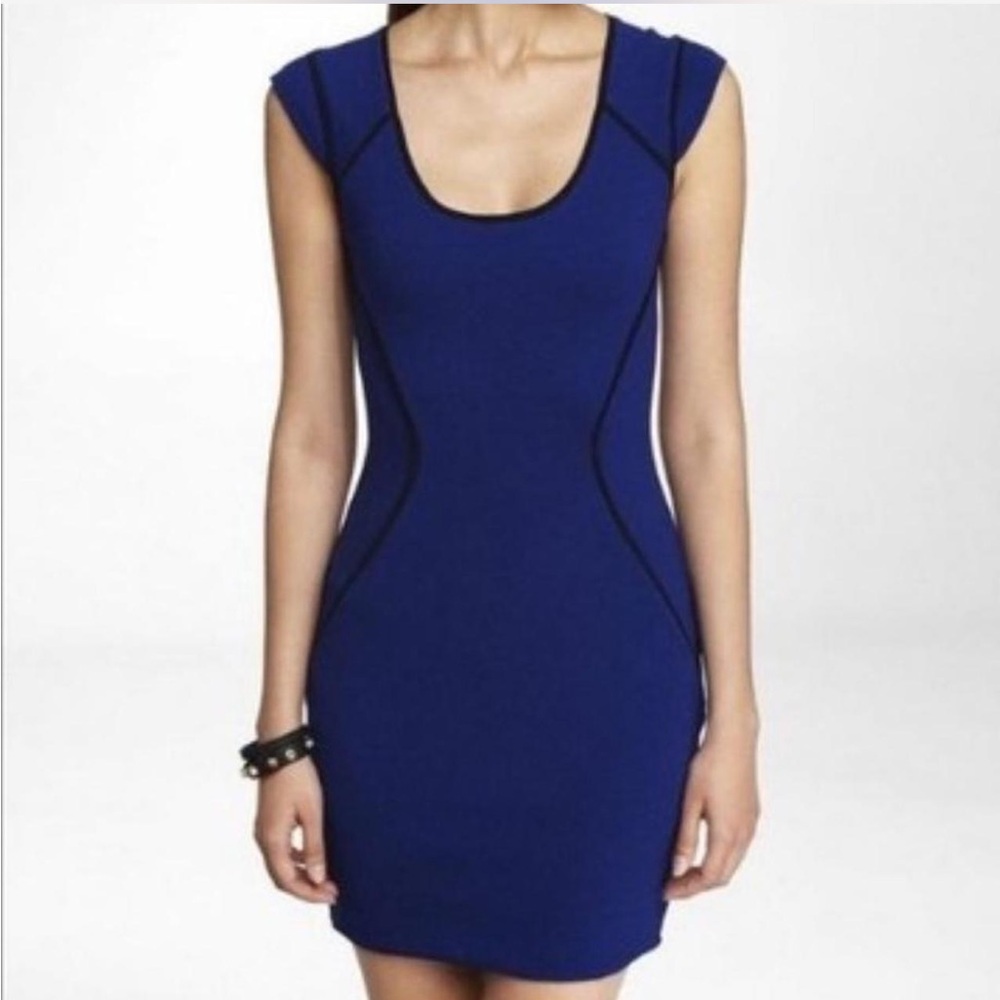 Blue and black mini bandage bodycon dress with full back zipper.